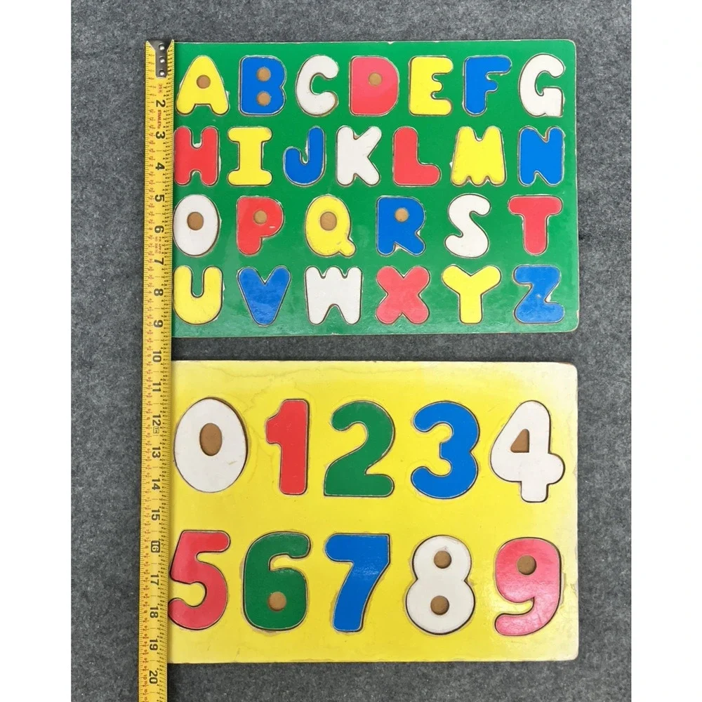 VTG Wooden ABC Alphabet 123 Number Puzzle Set of 2 Flat Inlay Toddler Montessori